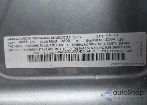 2010 Volkswagen Jetta Limited Edition z USA, uszkodzony, nr VIN 3VWRZ7AJ7AM155458